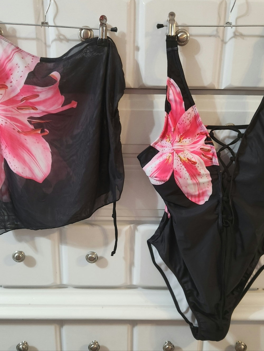 Brand New Black Swimsuit Set with Pink Lily Floral Accent